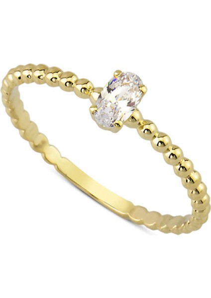 14 Ayar Altın Top Kollu Oval Tektaş Yüzük YZK047