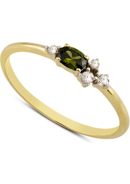 14 Ayar Altın Yeşil Oval Taşlı Yüzük YZK009A