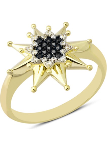 14 Ayar Altın Siyah Taşlı Yıldız Model Yüzük YZK066B