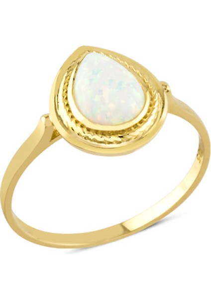 14 Ayar Altın Beyaz Damla Taş Çerçeveli Yüzük YZK101A