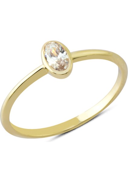 14 Ayar Altın Sıvamalı Beyaz Oval Taşlı Yüzük YZK113B