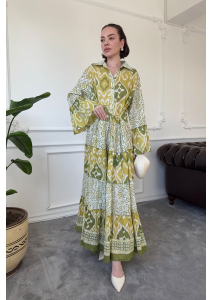 Batik Desen Renkli Gömlek Elbise- Yeşil