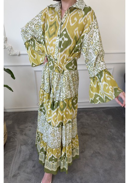 Batik Desen Renkli Gömlek Elbise- Yeşil