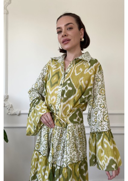 Batik Desen Renkli Gömlek Elbise- Yeşil