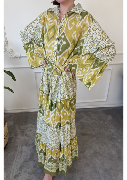 Batik Desen Renkli Gömlek Elbise- Yeşil