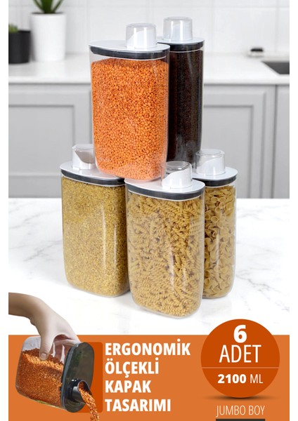 6'lı Silikon Kapaklı Ölçülü Saklama Erzak Bakliyat Kabı Kutusu SETI 2100 ML