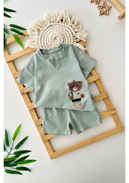 Bear Panç Işleme Erkek Bebe Yumuşak kotlu takım - Yeşil