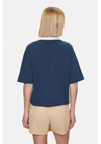 Polly Lacivert Polo Yaka Sargı Nakışlı Loose Fit Kadın Tshirt indirimleri