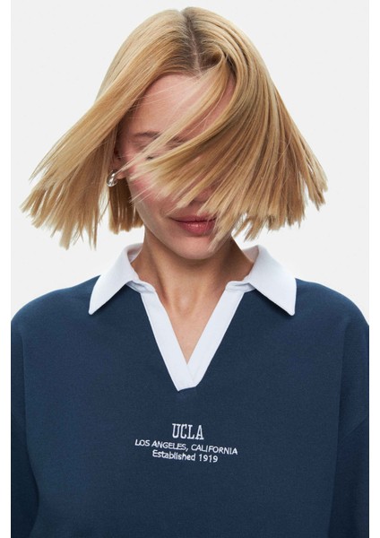 Polly Yeşil Polo Yaka Sargı Nakışlı Loose Fit Kadın Tshirt