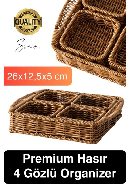 Benzersiz El Yapımı Hasır Dokuma Saklama Sepeti 4 Bölmeli Kozmetik Organizer Masaüstü Düzenleyici