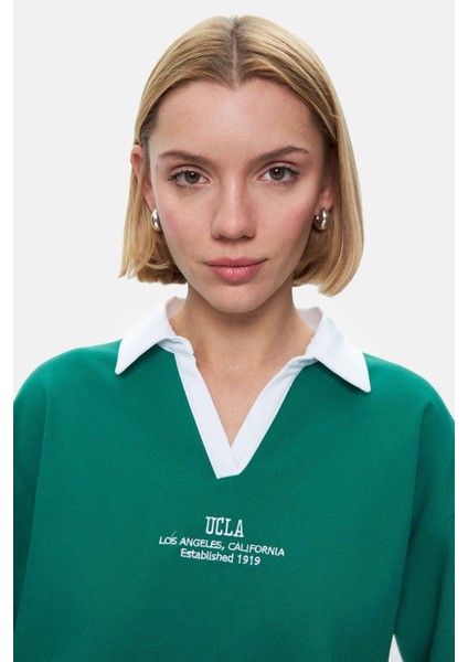 Polly Yeşil Polo Yaka Sargı Nakışlı Loose Fit Kadın Tshirt