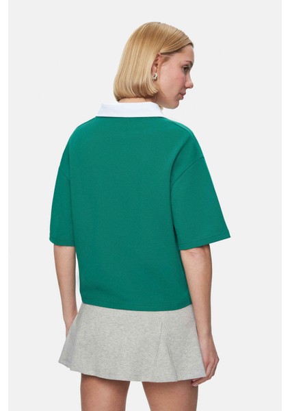 Polly Yeşil Polo Yaka Sargı Nakışlı Loose Fit Kadın Tshirt