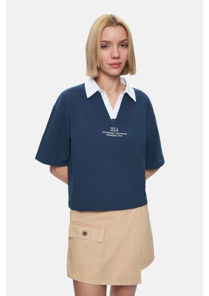 Polly Yeşil Polo Yaka Sargı Nakışlı Loose Fit Kadın Tshirt