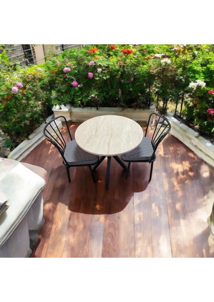 70 x 70 Trevertan Yuvarlak Balkon Masa Ahtapot Ayak Güneş Sandalye 2 Adet