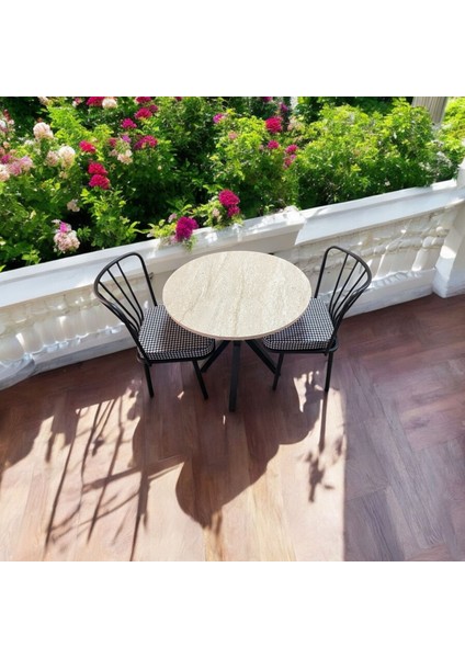70 x 70 Trevertan Yuvarlak Balkon Masa Ahtapot Ayak Güneş Sandalye 2 Adet
