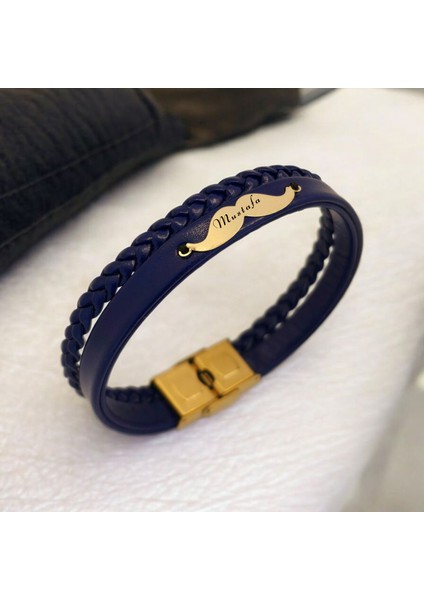14 Ayar Plakalı Altın Bıyık Motifli Derili Erkeklere Özel Isim Bilekliği-384İsim-LACIVERT