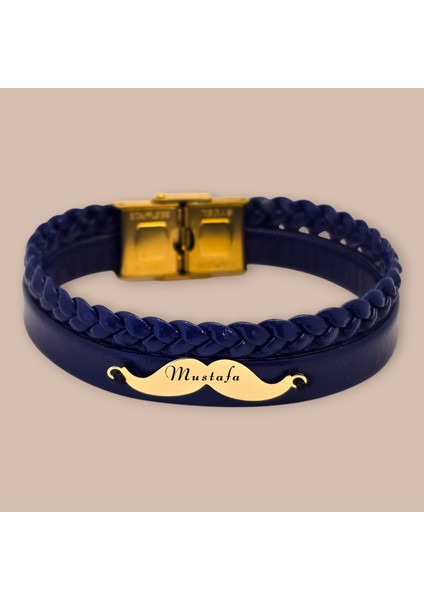 14 Ayar Plakalı Altın Bıyık Motifli Derili Erkeklere Özel Isim Bilekliği-384İsim-LACIVERT fiyatları