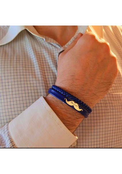 14 Ayar Plakalı Altın Bıyık Motifli Derili Erkeklere Özel Isim Bilekliği-384İsim-LACIVERT modelleri