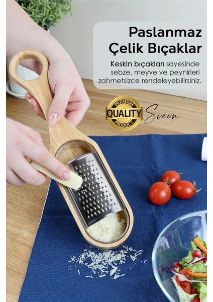 Doğal Ahşap Bambu Saplı Hazneli Rende Peynir Limon Zencefil Sarımsak El Rendesi Asma Sap