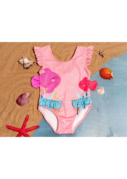 Kolları Fırfırlı Balık Model Kız Çocuk Mayo/bikini 3-7yaş
