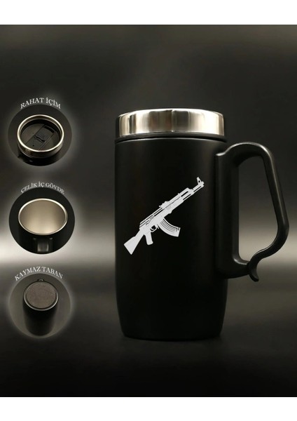Nesnel Gift Siyah Çelik Kulplu Bardak Termos - AK47 Modelli
