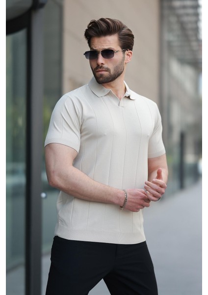 Bej Polo Yaka Triko Erkek Tişört E7417 modelleri