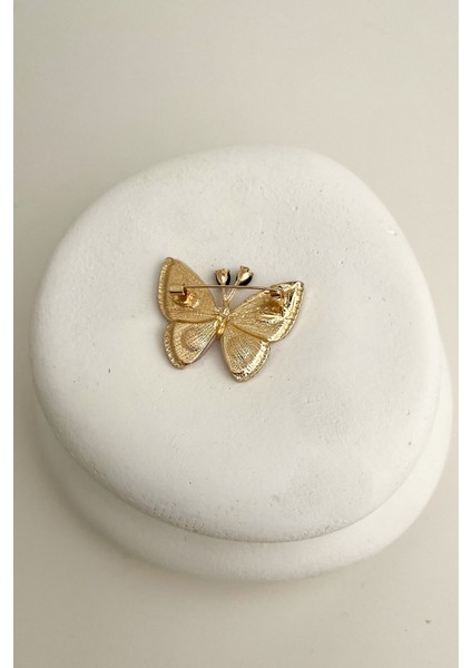 Taş Detaylı Beyaz Sedef Kelebek Broş (4cm)