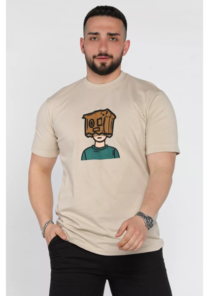 Bisiklet Yaka Kol Katlamalı Baskılı Erkek Tişört P-00015993