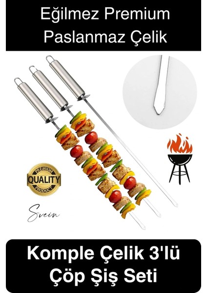 3 Adet 40 cm Premium Paslanmaz Çelik Saplı Izgara Şişleri Et Tavuk Barbekü Kebap Mangal Adana Urfa