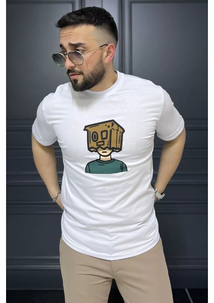 Bisiklet Yaka Kol Katlamalı Baskılı Erkek Tişört P-00015993