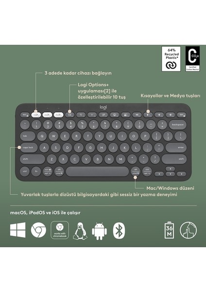 Pebble Keys 2 K380S 920-011859 Kablosuz Ingilizce Klavye