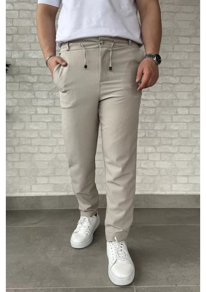 Erkek Bel Bağlamalı Kendinden Desenli Duble Paça Pantolon P-00015849