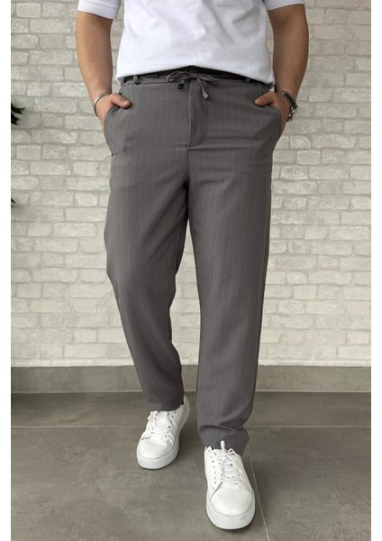 Erkek Bel Bağlamalı Çizgi Desenli Duble Paça Pantolon P-00015847