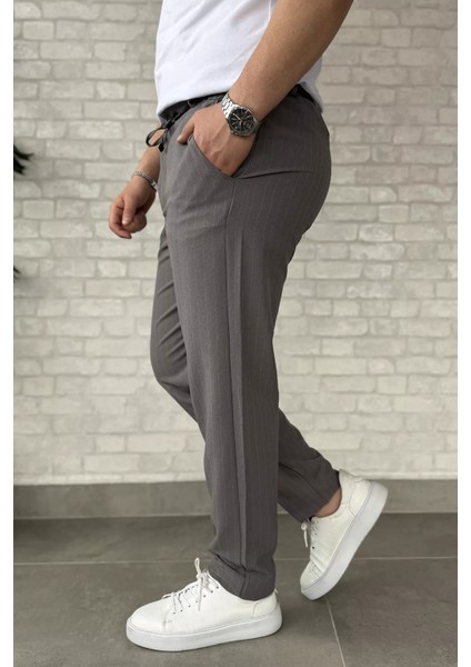 Erkek Bel Bağlamalı Çizgi Desenli Duble Paça Pantolon P-00015847