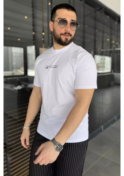 Erkek Silikon Kabartma Yazı Baskılı Bisiklet Yaka Tişört P-00015047