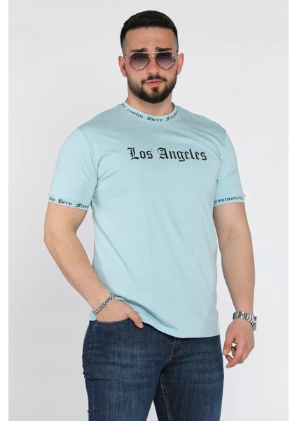 Erkek Bisiklet Yaka Yazı Baskılı Tişört P-00015042