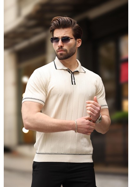 Ekru Düğmeli Polo Yaka Erkek Triko Tişört E7408