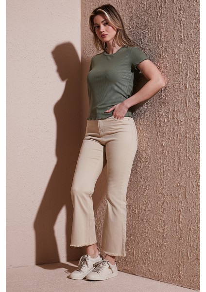 Streç Pamuklu Flare Fit Yüksek Bel Ispanyol Paça Pantolon Bayan Pantolon 25Y0294K1