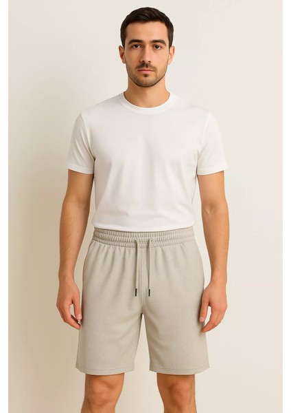 Erkek Bel Lastikli Kendinden Desenli Cepli Şort P-00015056