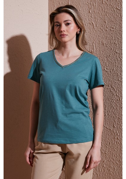 Pamuk Regular Fit V Yaka T Shirt Bayan T Shirt 25Y0478K1