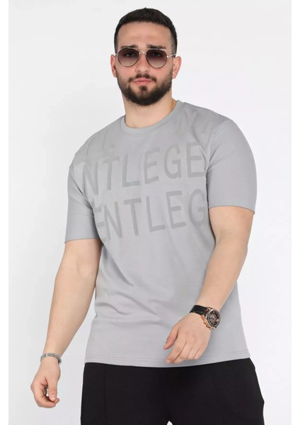 Erkek Bisiklet Yaka Harf Baskılı Tişört P-00015575