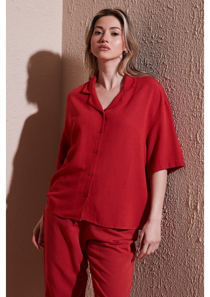 Keten Karışımlı Standart Fit Kısa Kollu Gömlek Bayan Gömlek 25Y0605K1