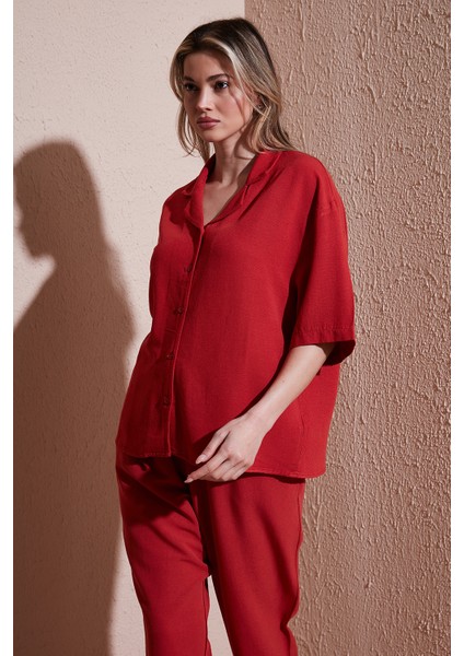 Keten Karışımlı Standart Fit Kısa Kollu Gömlek Bayan Gömlek 25Y0605K1 fırsatları