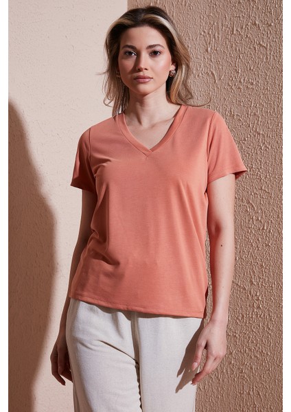 Modal Karışımlı Regular Fit V Yaka Bluz Bayan Bluz 25Y0144K1