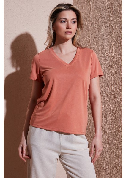 Modal Karışımlı Regular Fit V Yaka Bluz Bayan Bluz 25Y0144K1