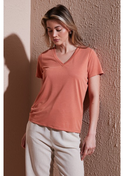 Modal Karışımlı Regular Fit V Yaka Bluz Bayan Bluz 25Y0144K1