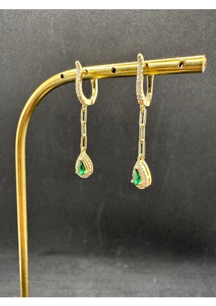 Ithal Gold Renk Yeşil Damla Taşlı Gümüş Küpe