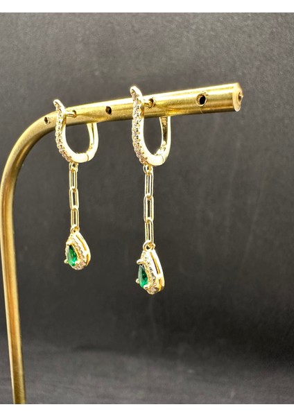Ithal Gold Renk Yeşil Damla Taşlı Gümüş Küpe fiyatları