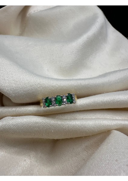 Ithal Gold Renk Yeşil Oval Taşlı Kadın Gümüş Yüzük