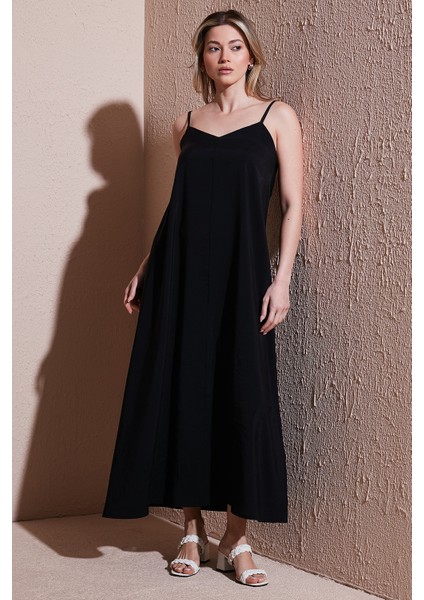 Modal Karışımlı Standart Fit Midi Boy Askılı Elbise Bayan Elbise 25Y0501K1 fırsatları